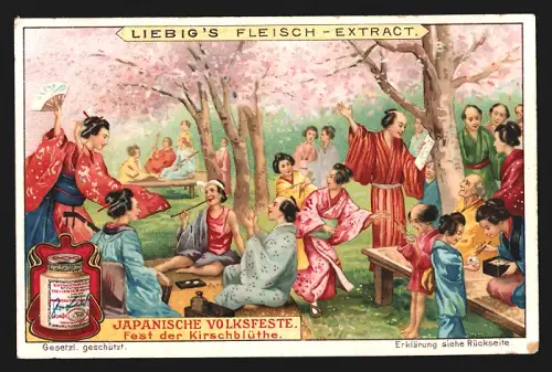 6 Sammelbilder Liebig, Serie Nr. 893: Japanische Volksfeste, Flaggenfest, Neujahrsfest, Kirschblütenfest, Puppenfest