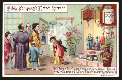 6 Sammelbilder Liebig, Serie Nr. 523: Aus Japan, Puppenfest, Matsuri, Damen beim Go-Spiel, Mikado Mutsu-Hito