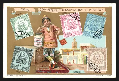 6 Sammelbilder Liebig, Serie Nr. 589: Briefmarken, Ceylon, Siam, Peru, China, Tunis, Paraguay