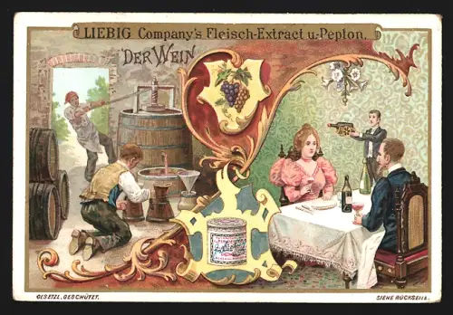 6 Sammelbilder Liebig, Serie Nr. 580: Das Bier, Das Wasser, Der Wein, Der Kaffee, Der Tee, Die Milch