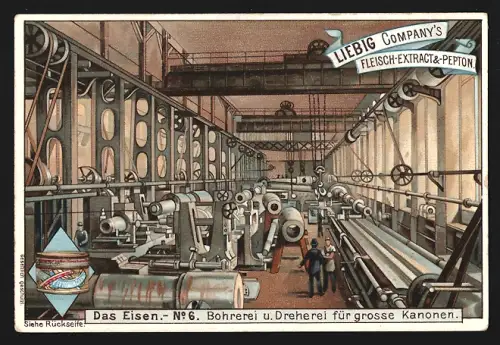 6 Sammelbilder Liebig, Serie Nr. 587: Das Eisen, Bergwerk, Pochwerk, Hochofen, Eisengiesserei, Bohrerei, Schmiede