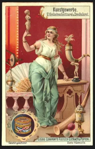 6 Sammelbilder Liebig, Serie Nr. 601: Kunstgewerbe, Graphische Kunst, schnitzerei, Drechslerei und Färberei
