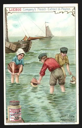 6 Sammelbilder Liebig, Serie Nr. 592: Wo sind-Serie, Raucher, drei Knaben, Zuhörer, am Strand