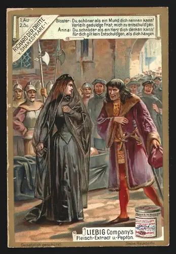 6 Sammelbilder Liebig, Serie Nr. 603: Richard der Dritte, Gloster und Anna, Buckingham vor der Kirche