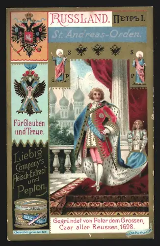 6 Sammelbilder Liebig, Serie Nr. 597: Orden, Schwarzer Adler-Orden in Preussen, Hosenband-Orden in Gross-Britannien