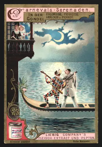 6 Sammelbilder Liebig, Serie Nr. 549: Carnevals-Serenaden, An Pierrette, An den Mond, An die Sterne
