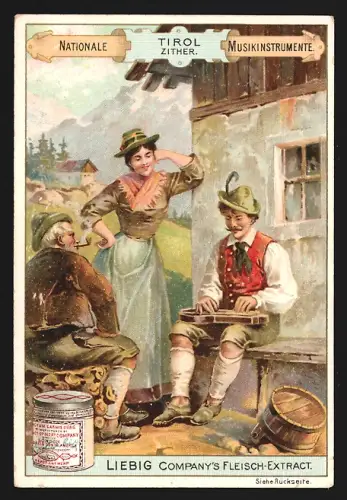 6 Sammelbilder Liebig, Serie Nr. 561: Nationale Musikinstrumente, Geige in Ungarn, Drehorgel in Italien, Dudelsack