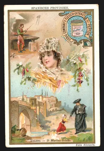 6 Sammelbilder Liebig, Serie Nr. 568: Spanische Provinzen, Valencia, Barcelona, Avila, Sevilla und Toledo