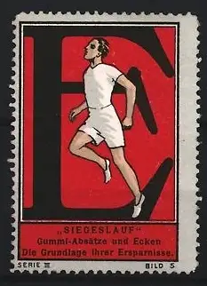 Reklamemarke Gummi-Absätze Siegeslauf, Läufer auf rotem Hintergrund