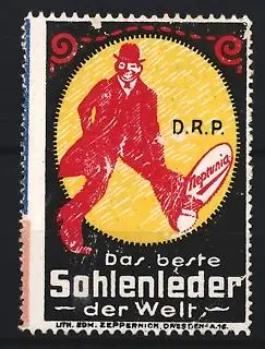 Reklamemarke Sohlenleder Neptunia, D. R. P., Mann mit riesigem Schuh