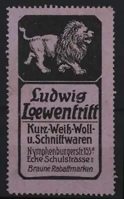 Reklamemarke München, Ludwig Löwentritt, Kurz-, Weiss-, Woll- und Schnittwaren, Löwe
