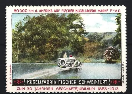 Reklamemarke Schweinfurt, Kugelfabrik Fischer, 30-jähriges Jubiläum 1883-1913, Auto im Wasser
