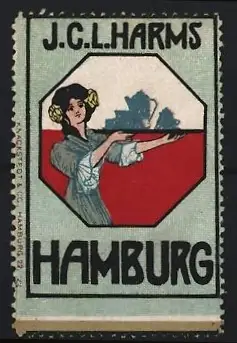 Reklamemarke Hamburg, J.C.L. Harms, Frau mit Geschirr auf einem Tablett