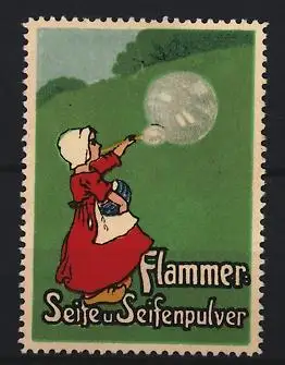 Reklamemarke Flammer, Seife u. Seifenpulver, Kind mit Seifenblase
