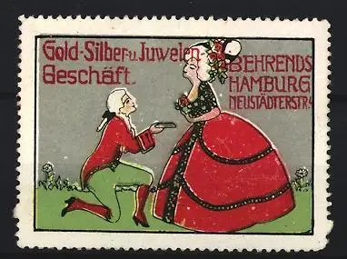 Reklamemarke Hamburg, Gold-Silber u. Juwelen Geschäft Behrends, kniender Mann und Dame in Kleid