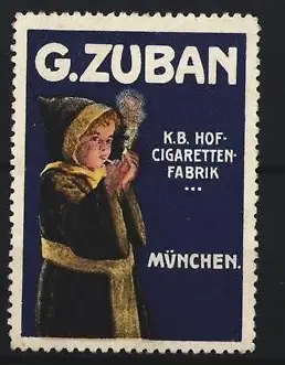 Reklamemarke München, G. Zuban, K. B. Hof-Cigarettenfabrik, Münchner Kindl mit Zigarette