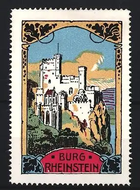 Reklamemarke Burg Rheinstein im Ornament-Rahmen