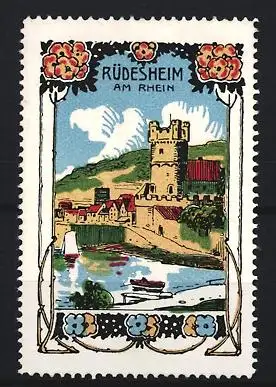 Reklamemarke Rüdesheim am Rhein, Burgturm und Flusslandschaft