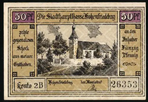 Notgeld Hohenfriedeberg, 50 Pfennig, Kirche und Reiterdarstellung von 1745