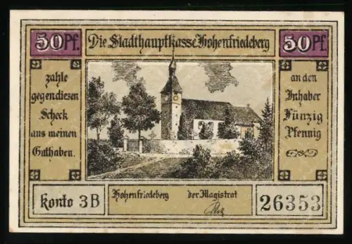 Notgeld Hohenfriedeberg, 50 Pfennig, Kirche und historische Schlachtenszene von 1745