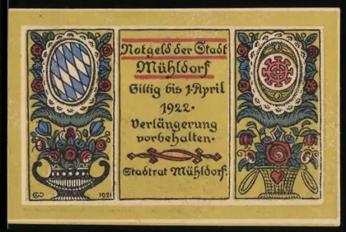 Notgeld Mühldorf 1921, 50 Pf, Stadtwappen und Stadttor mit floralen Verzierungen