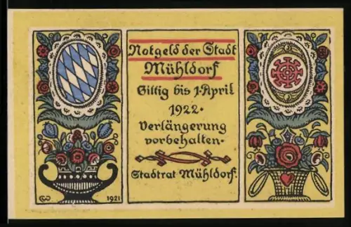 Notgeld Mühldorf 1921, 50 Pf, Bayerisches Wappen, Turmszene mit Engeln