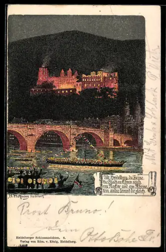 Lithographie Heidelberg, Schlossansichten und Alte Brücke bei Nacht