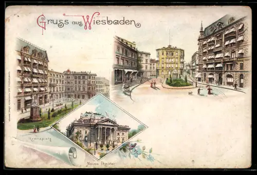 Lithographie Wiesbaden, Neues Theater, Kranzplatz