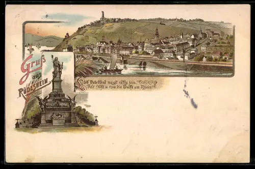 Lithographie Rüdesheim, Teilansicht, Denkmal