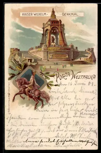 Lithographie Porta-Westfalica, Kaiser Wilhelm-Denkmal