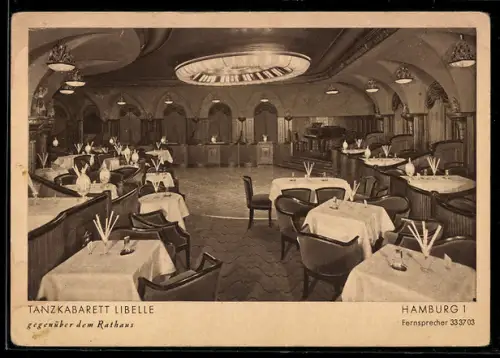AK Hamburg, Restaurant Tanzkabarett Libelle, gegenüber dem Rathaus, Blick in den Tanzsaal