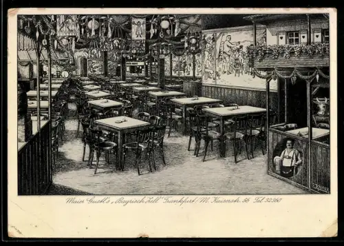 Künstler-AK Frankfurt /M., Gasthaus Bayrisch Zell, Kaiserstrasse 56, Innenansicht, Gasthaus Platzl, Kaiserstrasse 68