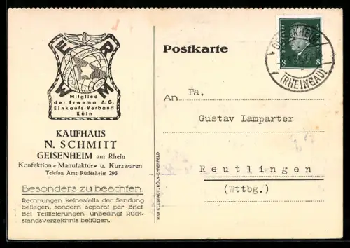 AK Geisenheim am Rhein, Korrespondenzkarte vom Kaufhaus N. Schmitt für Konfektions- und Kurzwaren