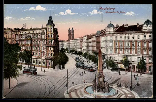 AK Magdeburg, Hasselbachplatz mit Obelisk, Strassenbahn