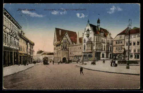 AK Nordhausen, Kornmarkt mit Sparkassengebäude und Strassenbahn