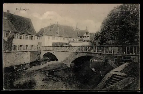 AK Oehringen, Flusspartie mit Steinbrücke