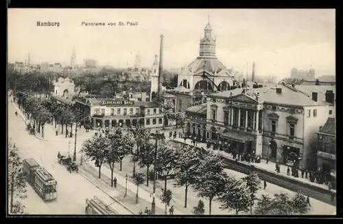 AK Hamburg, Panorama von St. Pauli-Reeperbahn, Strassenbahnen