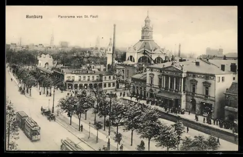 AK Hamburg, Panorama von St. Pauli-Reeperbahn, Strassenbahnen