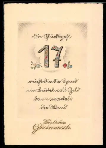 AK Glückszahl 17 mit Blumen