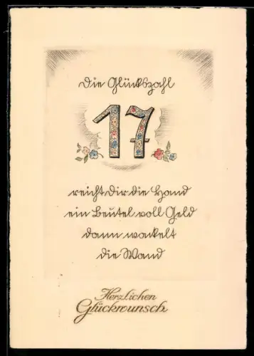 AK Glückszahl 17 mit Blumen und Gedicht