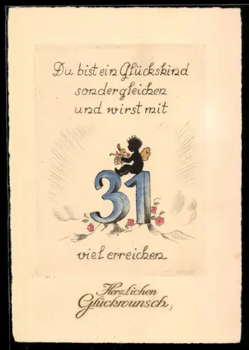 AK Kleine Elfe sitzt auf der Zahl 31, Gedicht