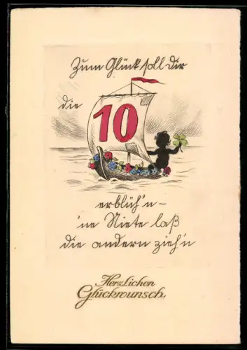 AK Silhouette auf einem Segelboot mit Kleeblatt und Blumen, Zahl 10