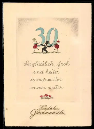 AK Mariechenkäfer und Elfe tragen die Zahl 30, Kleeblatt