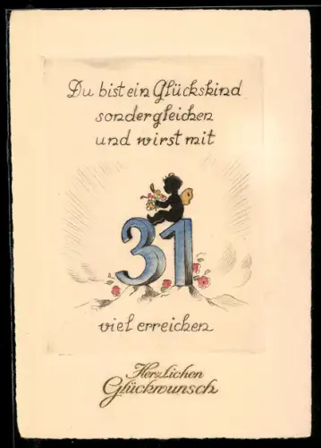 AK Kleine Elfe sitzt mit Blumen auf der Zahl 31