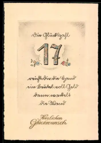 AK Glückszahl 17 mit Blumen