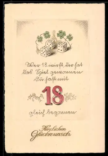 AK Würfel mit Kleeblättern und Zahl 18