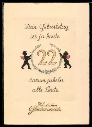 AK Kleine Elfen mit der Zahl 22 im Kranz aus Blumen