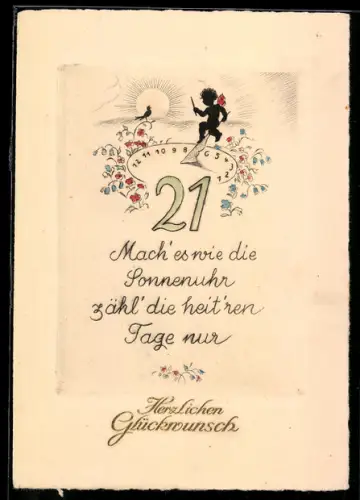 AK Elfe sitzt auf einer Sonnenuhr, Zahl 21 und Gedicht