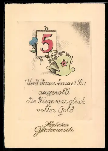 AK Wiege mit karierter Decke, Zahl 5, Geburtstag