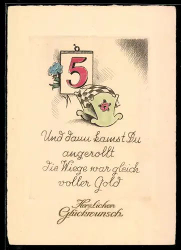 AK Gedicht zum Geburtstag, Wiege mit Kalenderblatt und Zahl 5